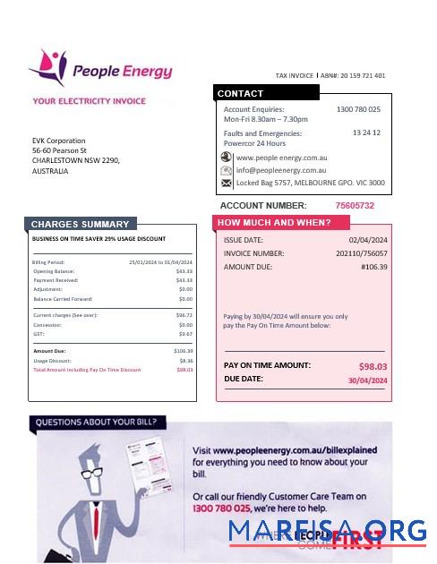 Realistic Australia People Energy electricity business utility bill template in Word and PDF format